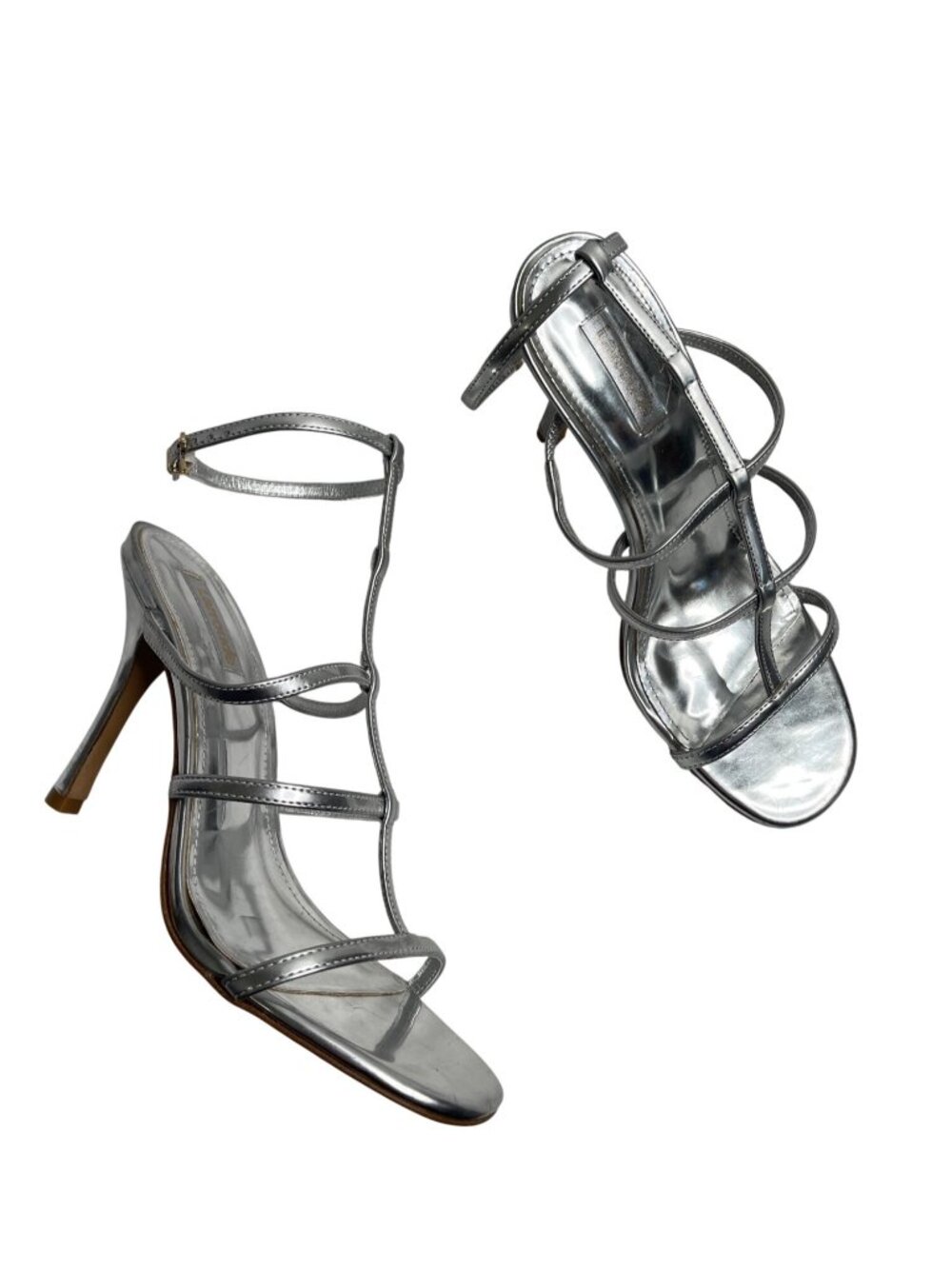 Larroude Silver Strappy High Heel Leather Sandals Size 9